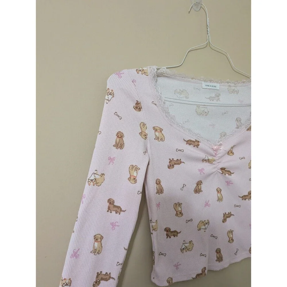Pink Dog Print Pointelle Crop Top Lace Trim Girly Coquette Long Sleeve